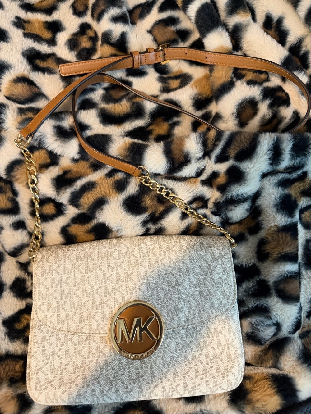Michael Kors Beige Logo Crossbody with Tan Strap and Gold Hardware